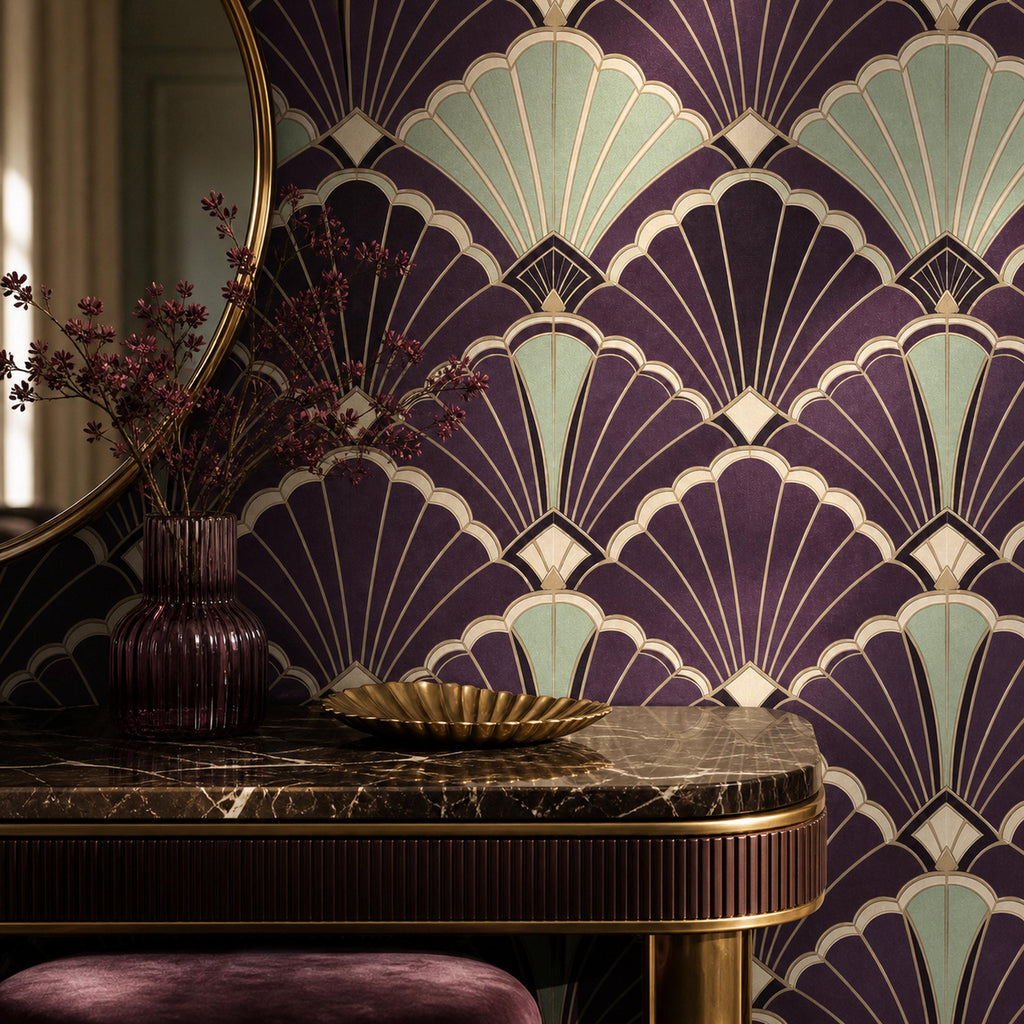 Gatsby wallpaper panel in purple shell fan pattern shown flat lay to display full repeat and rich color depth