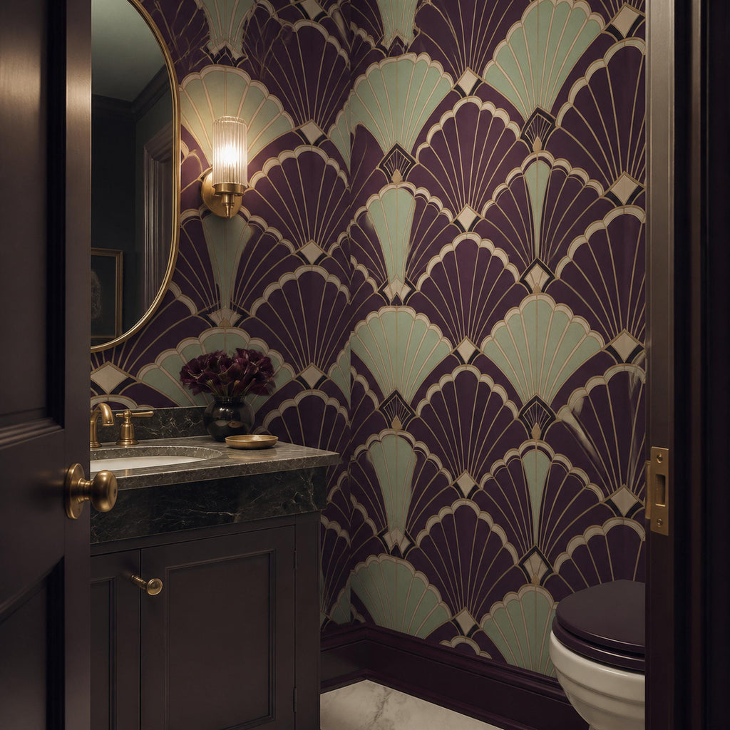 Aubergine peel and stick wallpaper detail shot highlighting the scalloped shell fan geometry and matte texture