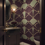 Aubergine peel and stick wallpaper detail shot highlighting the scalloped shell fan geometry and matte texture