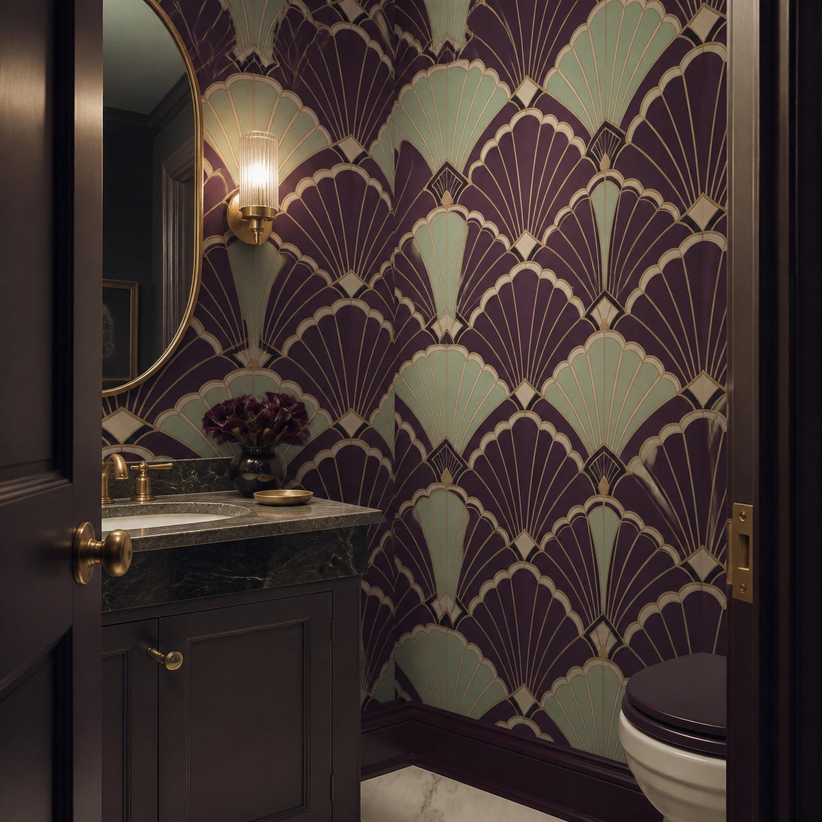Aubergine peel and stick wallpaper detail shot highlighting the scalloped shell fan geometry and matte texture