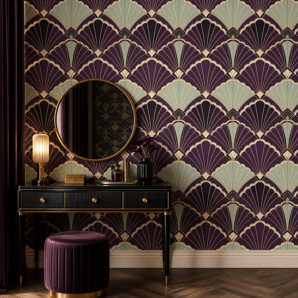 Removable purple art deco wallpaper in a glam powder room with marble fixtures and vintage brass hardware