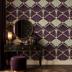 Removable purple art deco wallpaper in a glam powder room with marble fixtures and vintage brass hardware