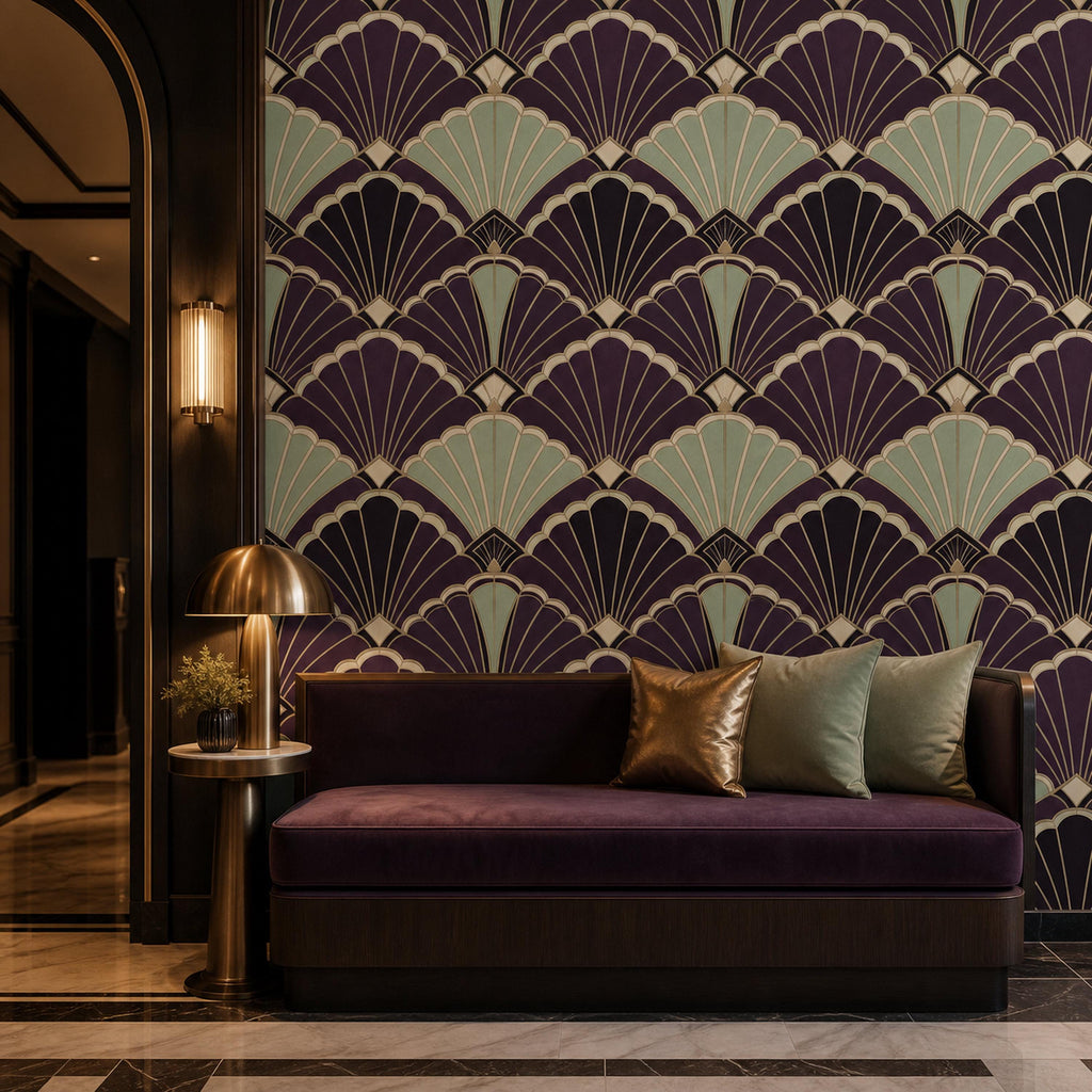Scale chart for purple art deco wallpaper showing panel width, length, and repeat measurements in inches