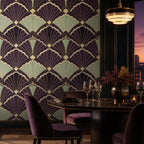Step by step peel and stick installation graphic for the aubergine shell fan removable wallpaper panels
