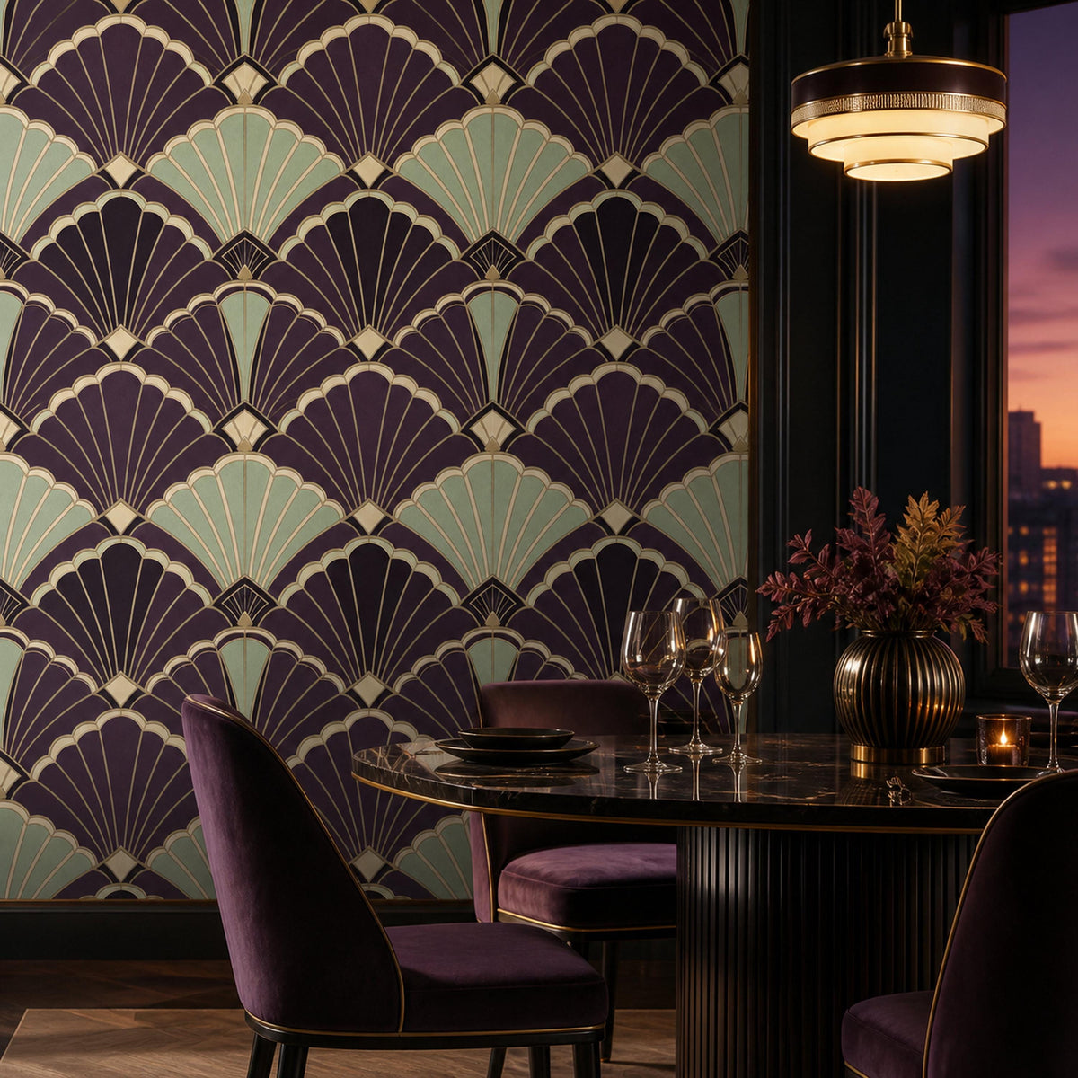 Step by step peel and stick installation graphic for the aubergine shell fan removable wallpaper panels