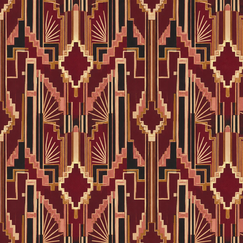 Burgundy Art Deco wallpaper flat view of the geometric pattern in oxblood, blush and gold