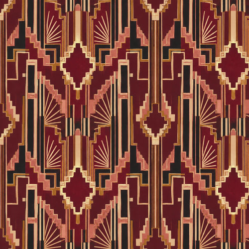 Burgundy Art Deco wallpaper flat view of the geometric pattern in oxblood, blush and gold