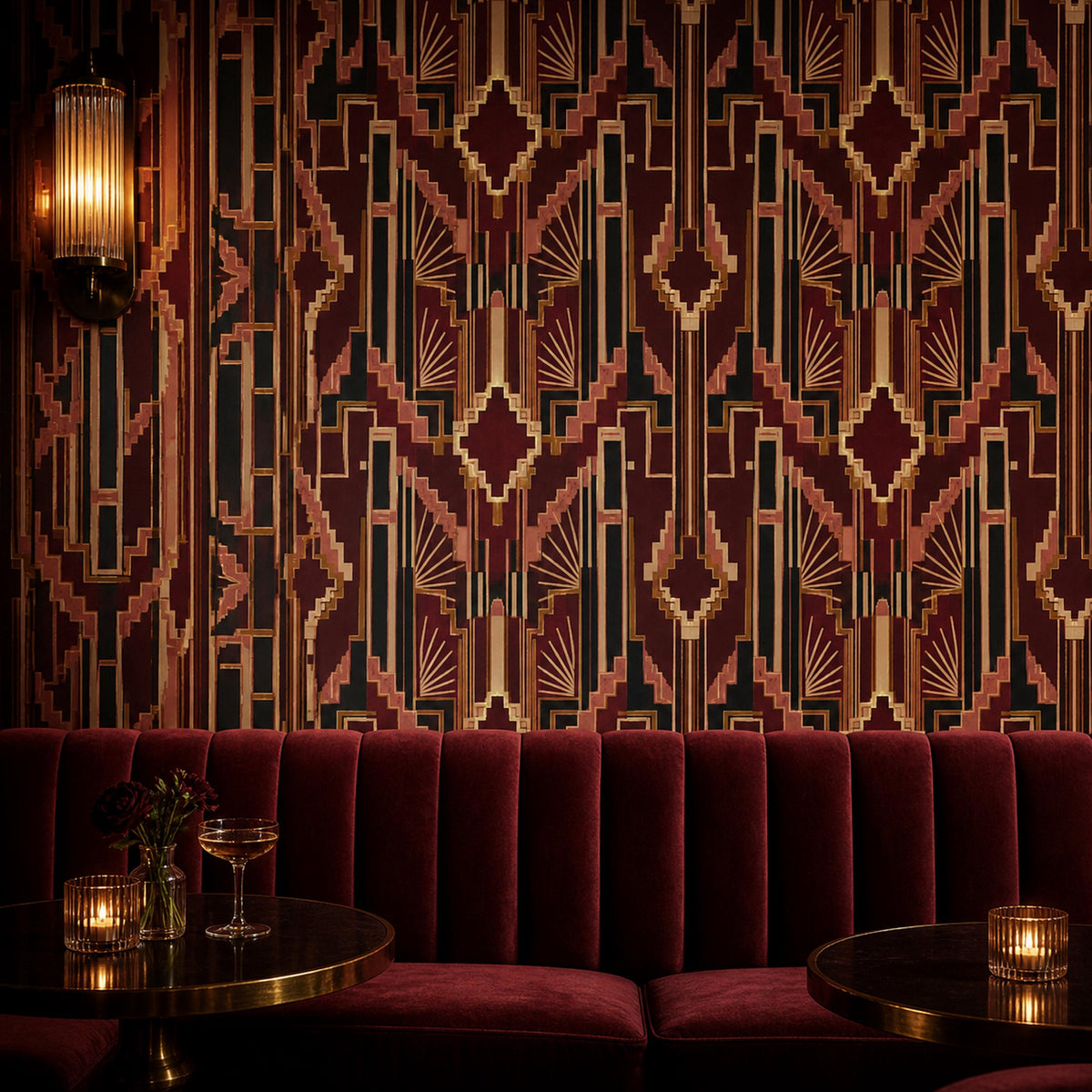 Burgundy Art Deco wallpaper in a lounge with a burgundy velvet banquette and candlelit tables
