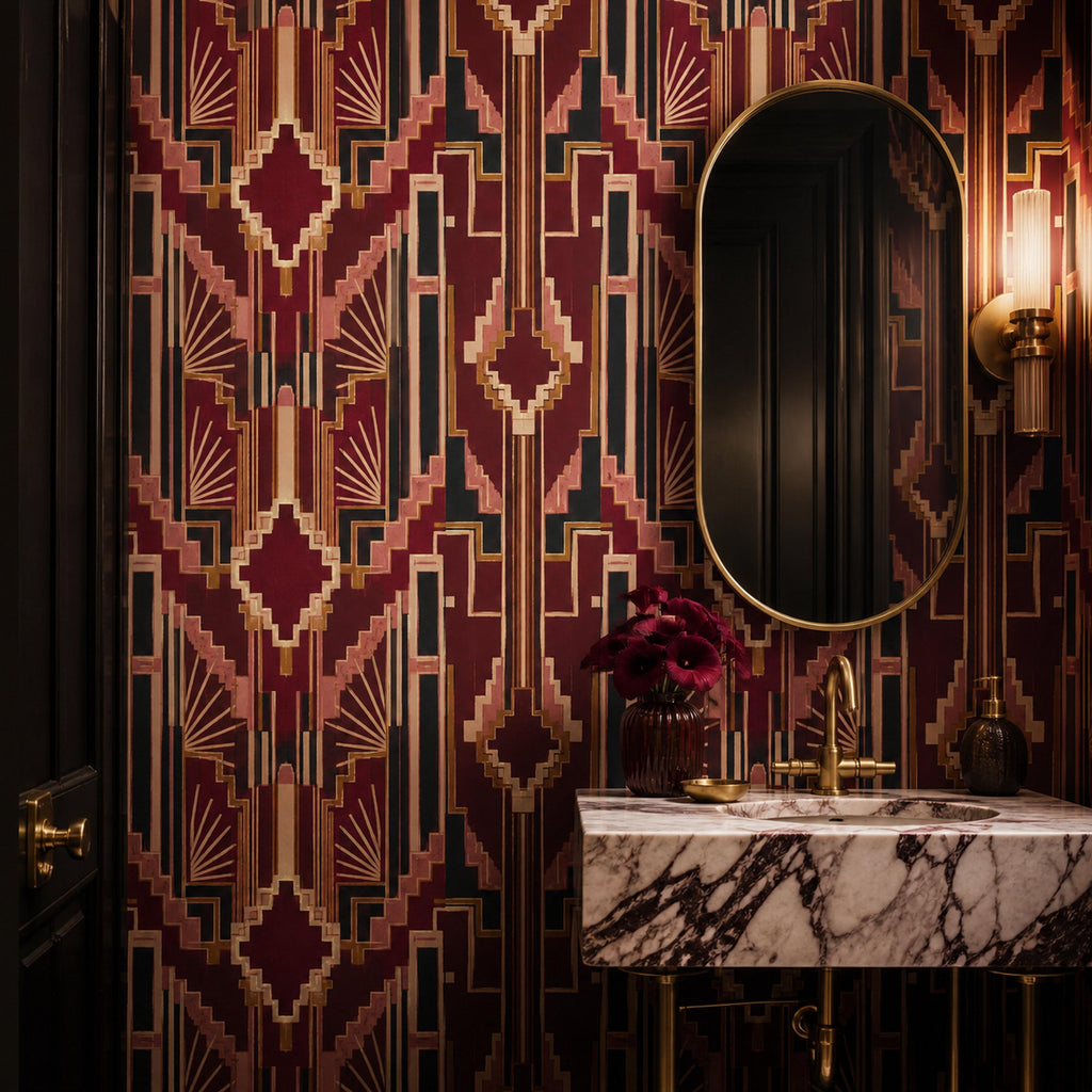 Burgundy Art Deco wallpaper in a powder room with a marble sink, brass fixtures and oval mirror