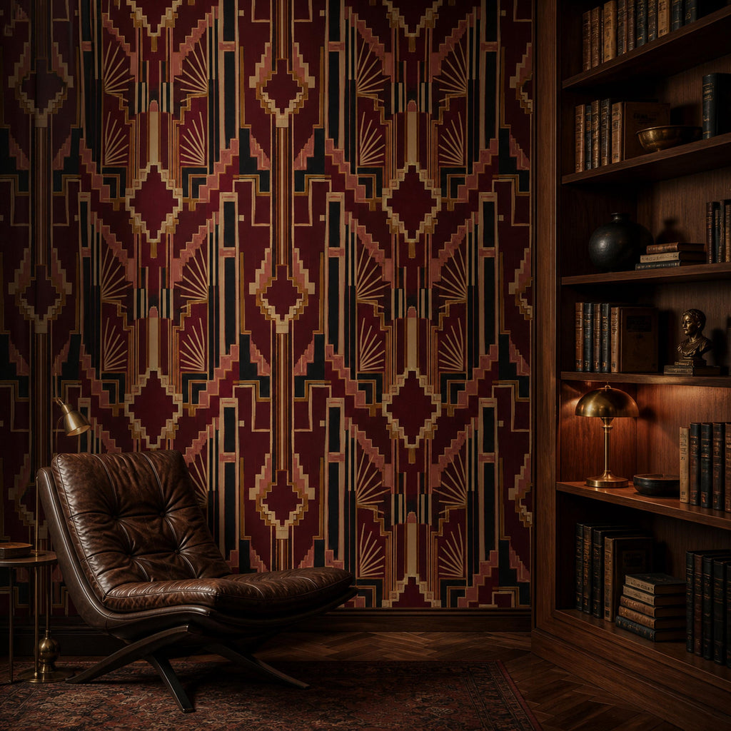 Burgundy Art Deco wallpaper in a library with a leather lounge chair and lit bookshelves