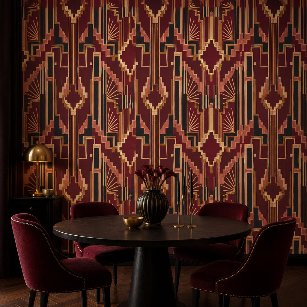 Burgundy Art Deco wallpaper in a dining nook with a round black table and burgundy velvet chairs