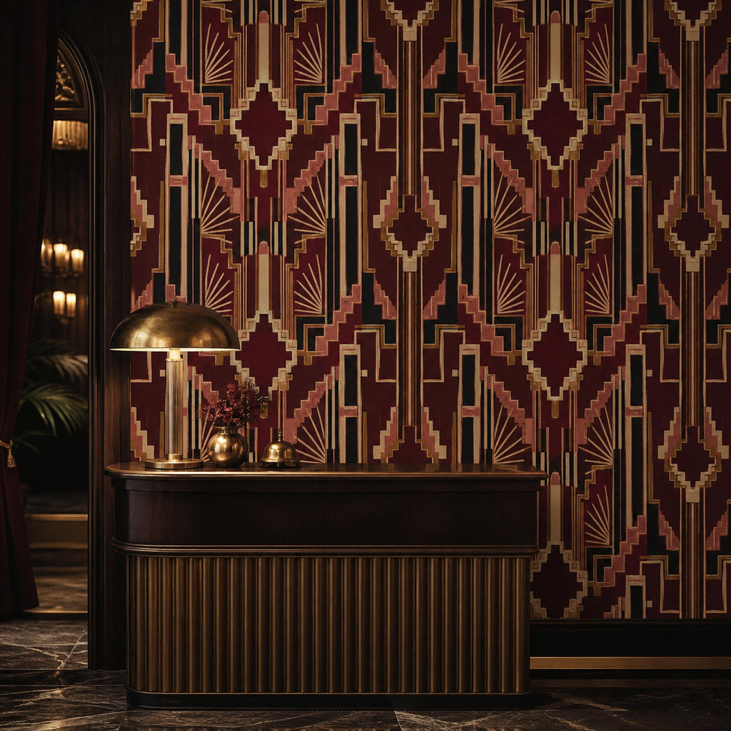 Burgundy Art Deco wallpaper in an entryway with a dark wooden console and brass mushroom lamp
