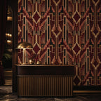 Burgundy Art Deco wallpaper in an entryway with a dark wooden console and brass mushroom lamp