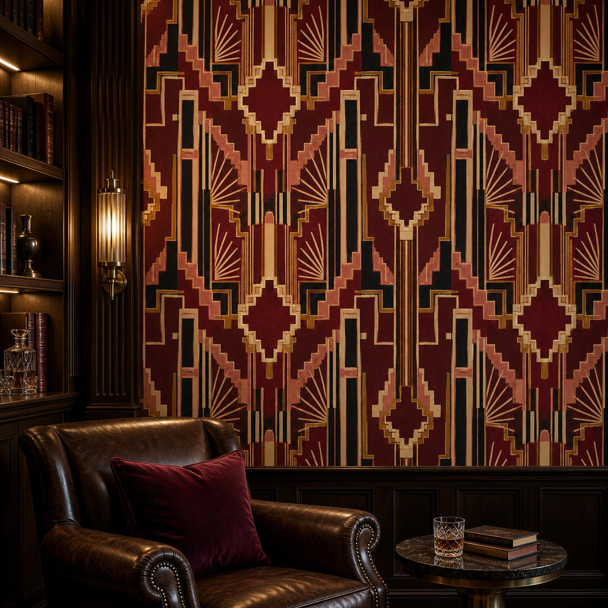 Burgundy Art Deco wallpaper in a study with a leather sofa, red pillow and wooden bookcase