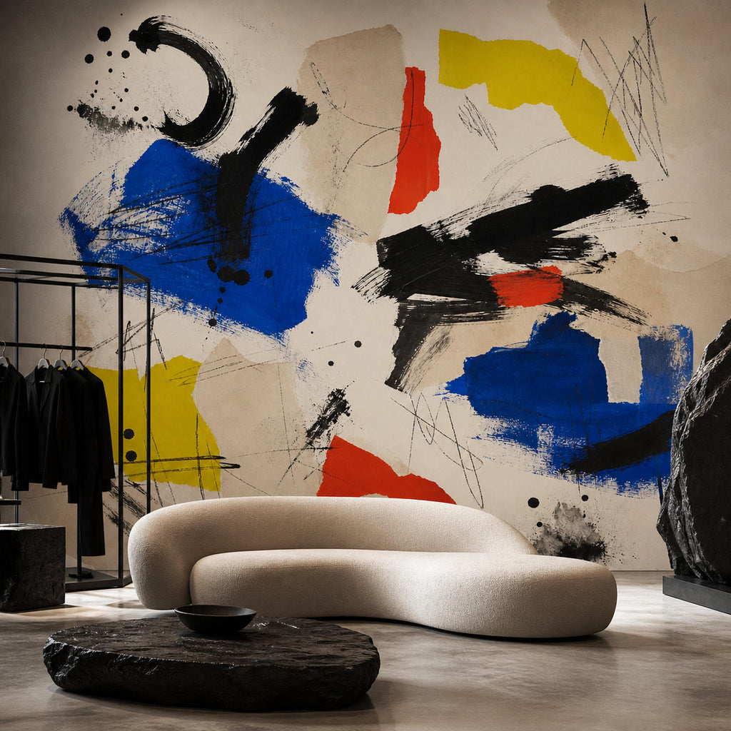 Modern color block wall mural featuring expressive brushstroke shapes for a dramatic statement wall