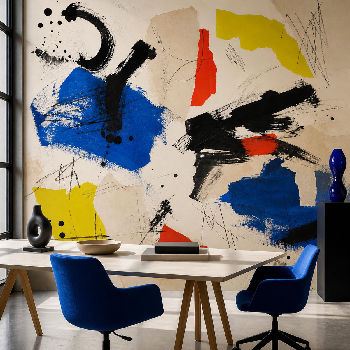 Close-up of abstract wallpaper texture showing layered expressionist art in vivid contemporary colors