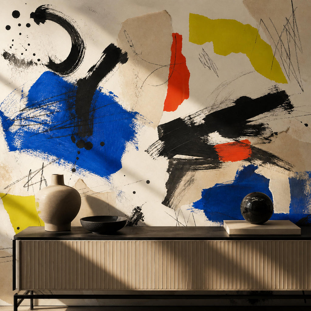 Abstract color block mural on a living room accent wall with modern furniture and gallery wallpaper vibes