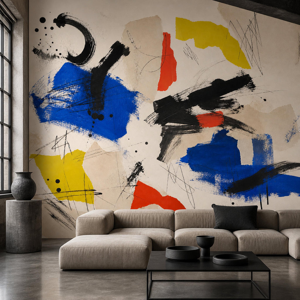 Creative studio workspace featuring a bold blue red yellow abstract wall mural as a statement backdrop
