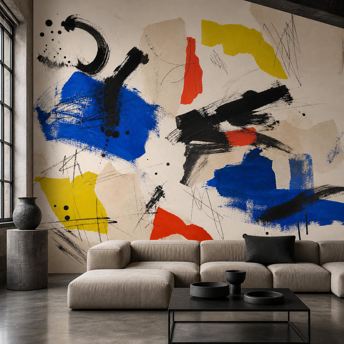 Creative studio workspace featuring a bold blue red yellow abstract wall mural as a statement backdrop