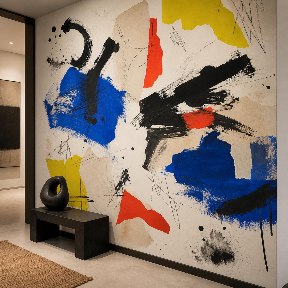 Detail shot of color block wallpaper mural edges showing clean peel and stick application and crisp lines