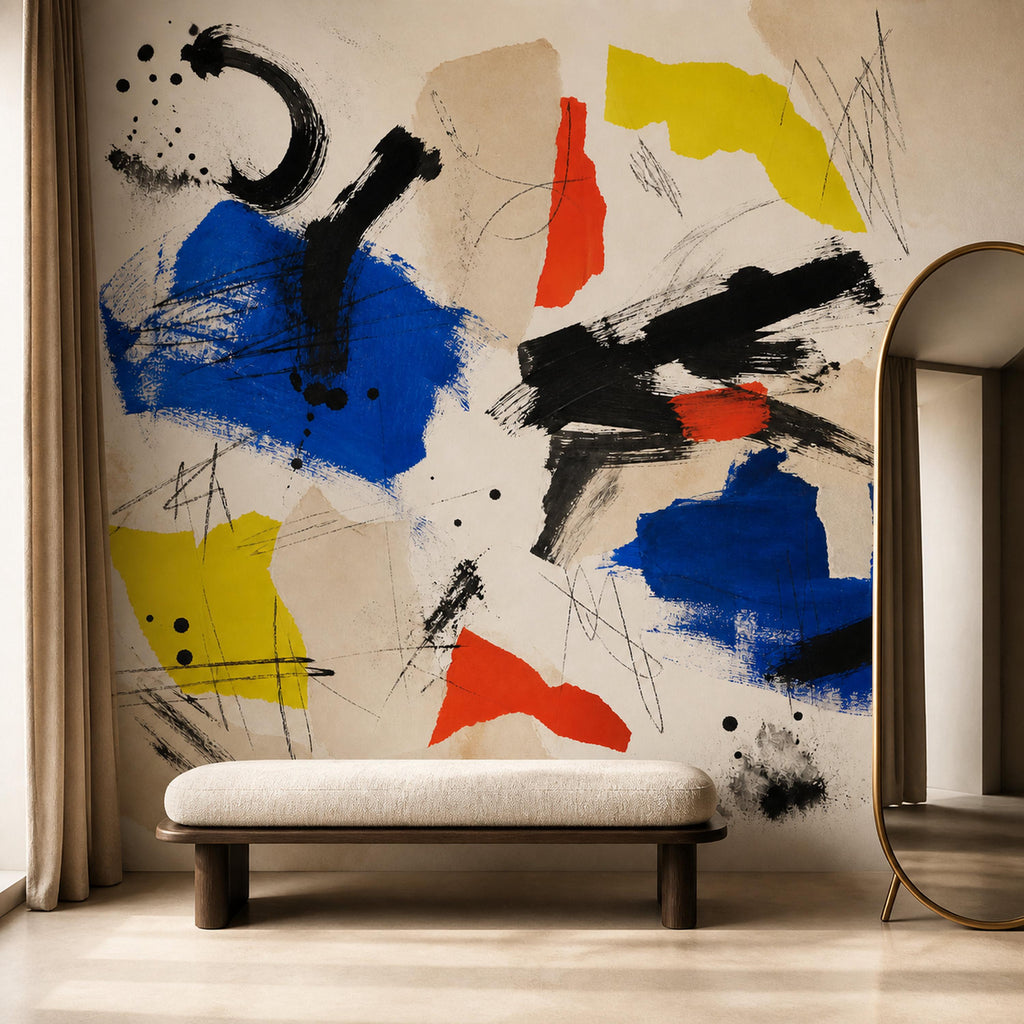 Abstract expressionist mural in a bedroom setting creating a contemporary decor focal point on one wall