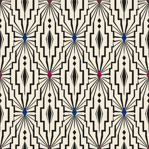 Black and ivory art deco wallpaper with optical geometric lattice pattern for a Gatsby statement wall
