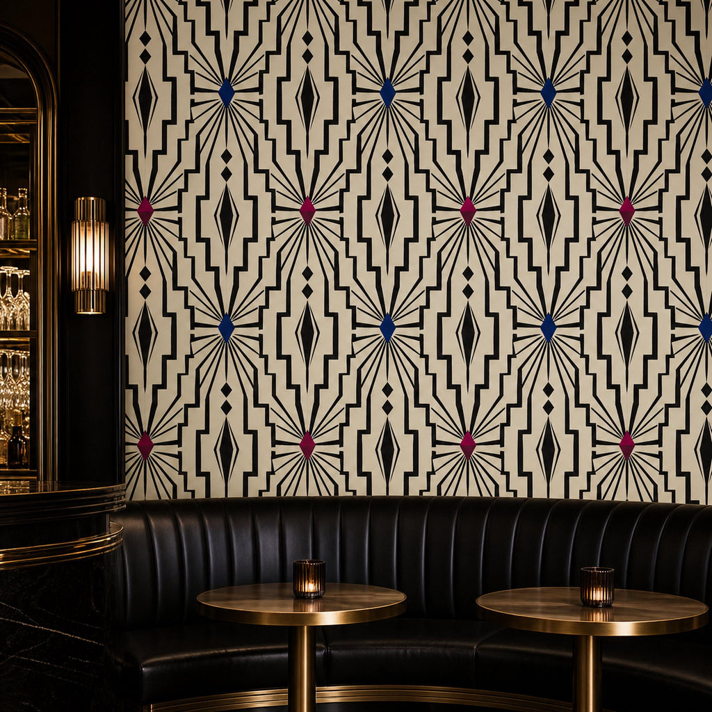 Peel and stick black wallpaper featuring repeating ivory geometric lattice in a 1920s art deco style