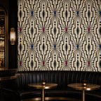 Peel and stick black wallpaper featuring repeating ivory geometric lattice in a 1920s art deco style