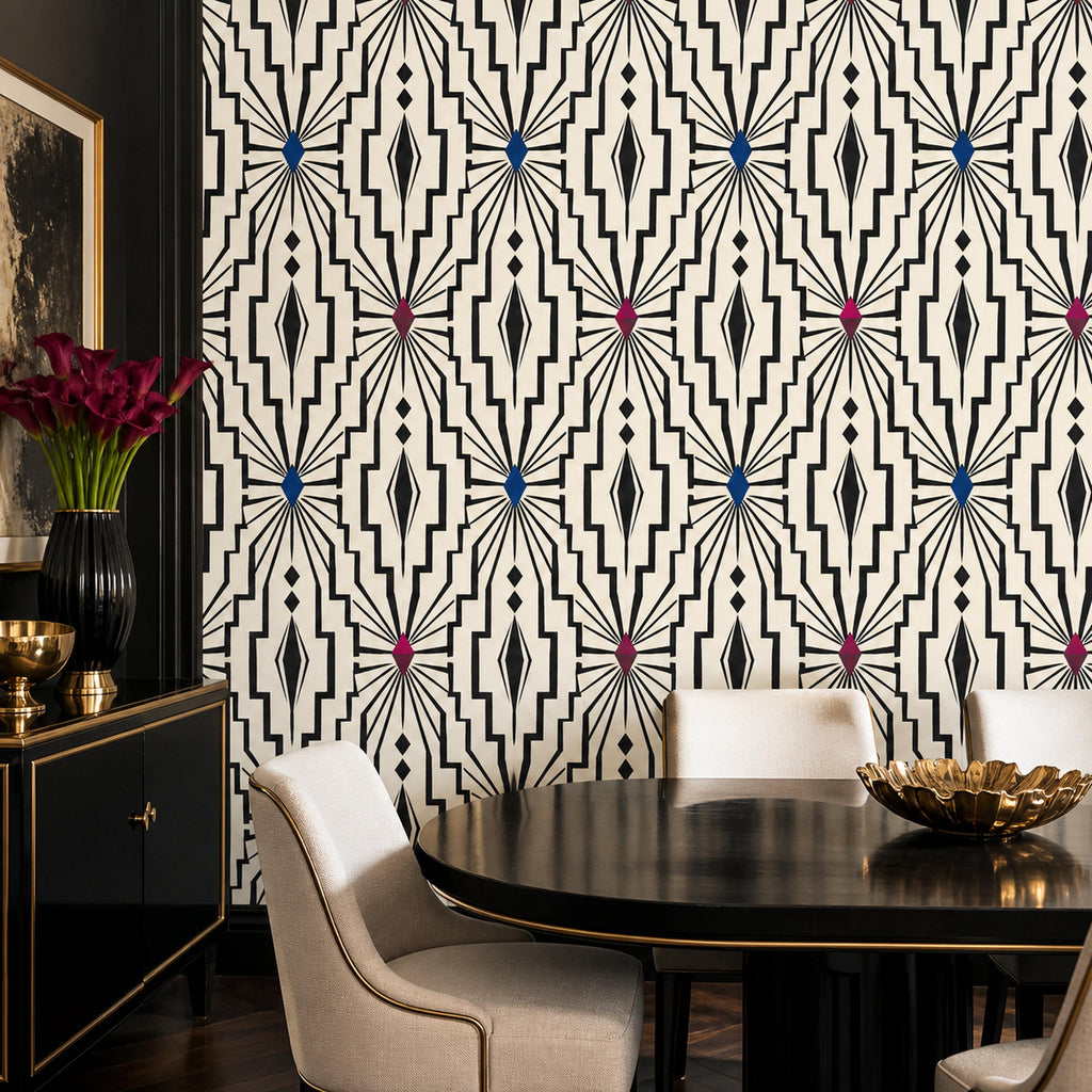 Close-up of ivory optical pattern on black art deco removable wallpaper with luxurious Gatsby aesthetic