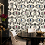 Close-up of ivory optical pattern on black art deco removable wallpaper with luxurious Gatsby aesthetic