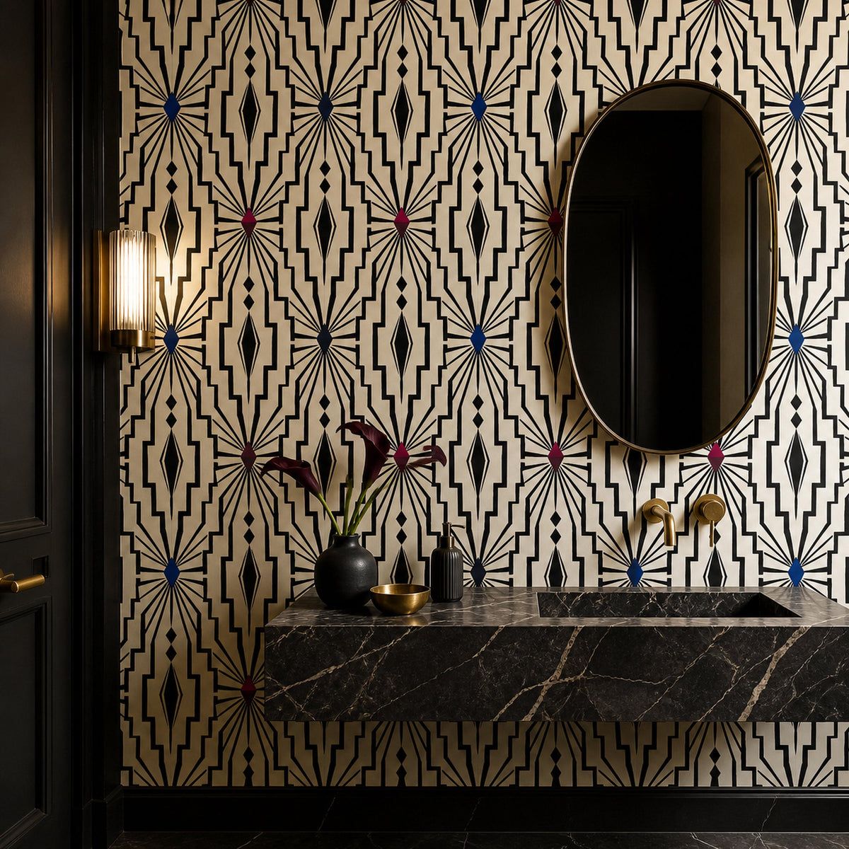 Living room statement wall covered in black geometric wallpaper with ivory art deco lattice design