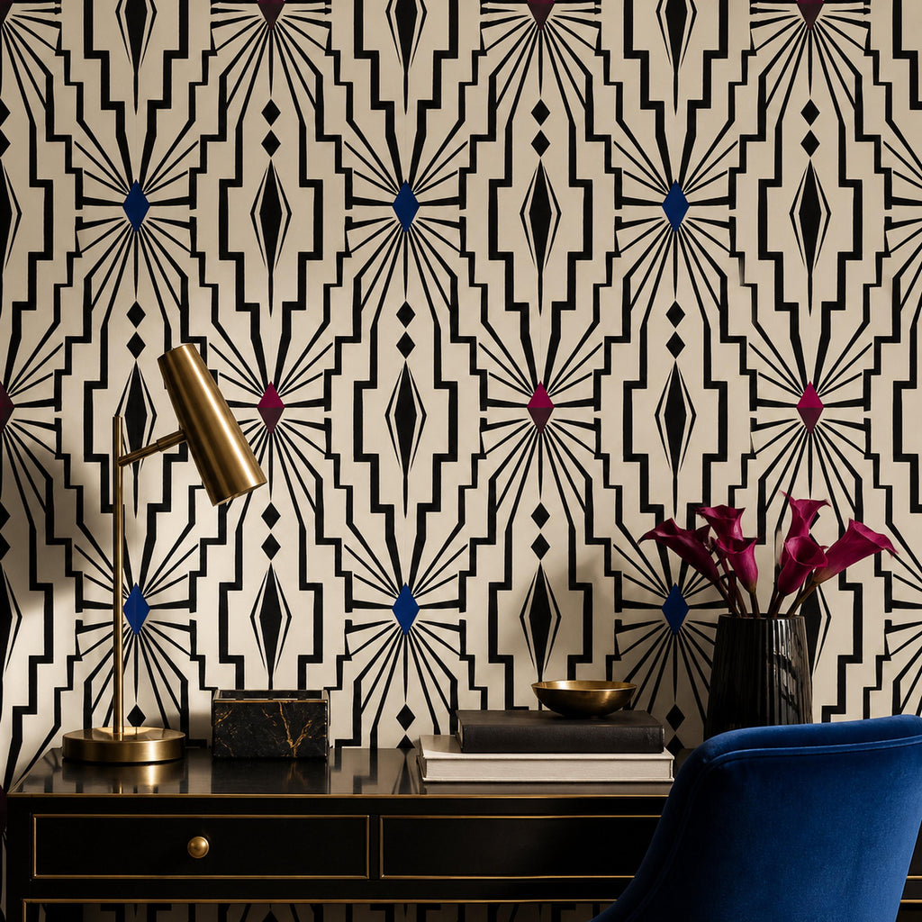 Powder room decor featuring black peel and stick wallpaper with intricate ivory optical lattice pattern