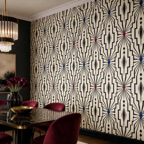 Bedroom accent wall with removable black art deco wallpaper showcasing ivory optical geometric design