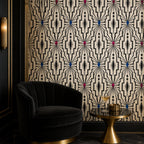 Size and scale chart for black peel and stick art deco wallpaper panels with ivory optical pattern