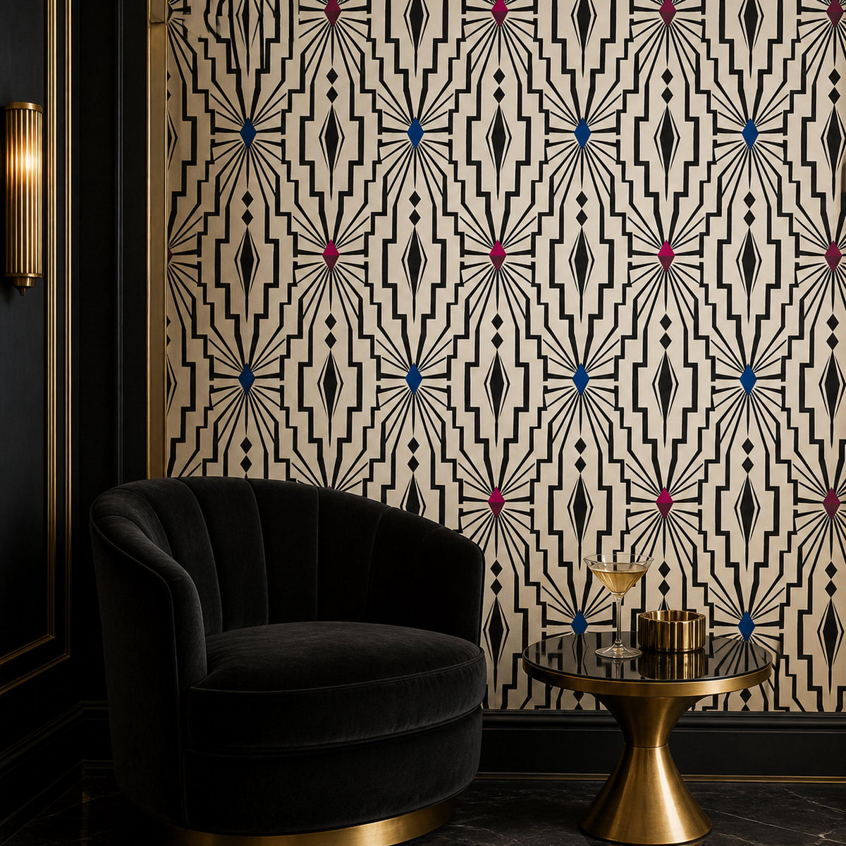 Size and scale chart for black peel and stick art deco wallpaper panels with ivory optical pattern