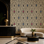 Single wallpaper panel showing full repeat of ivory geometric lattice on black art deco background