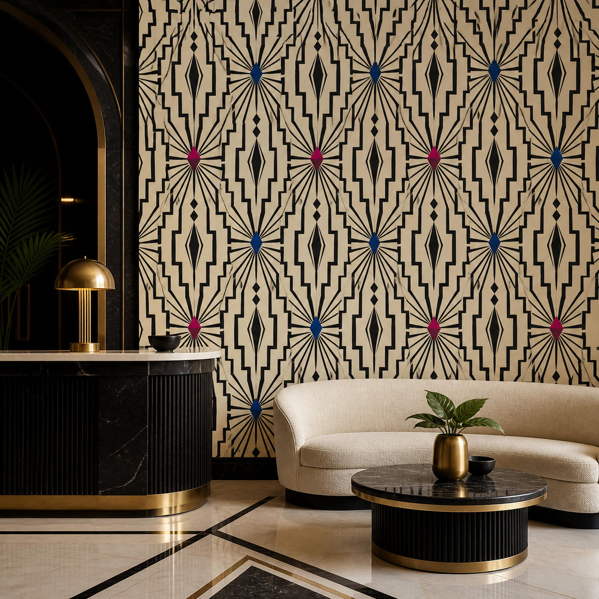 Single wallpaper panel showing full repeat of ivory geometric lattice on black art deco background