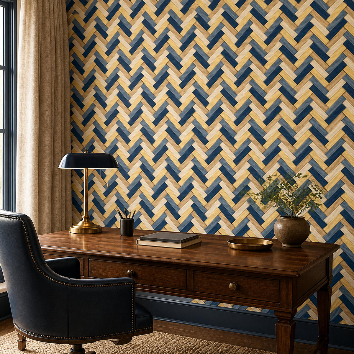 Navy herringbone wallpaper in a home office with a dark wooden desk, brass lamp and navy leather chair