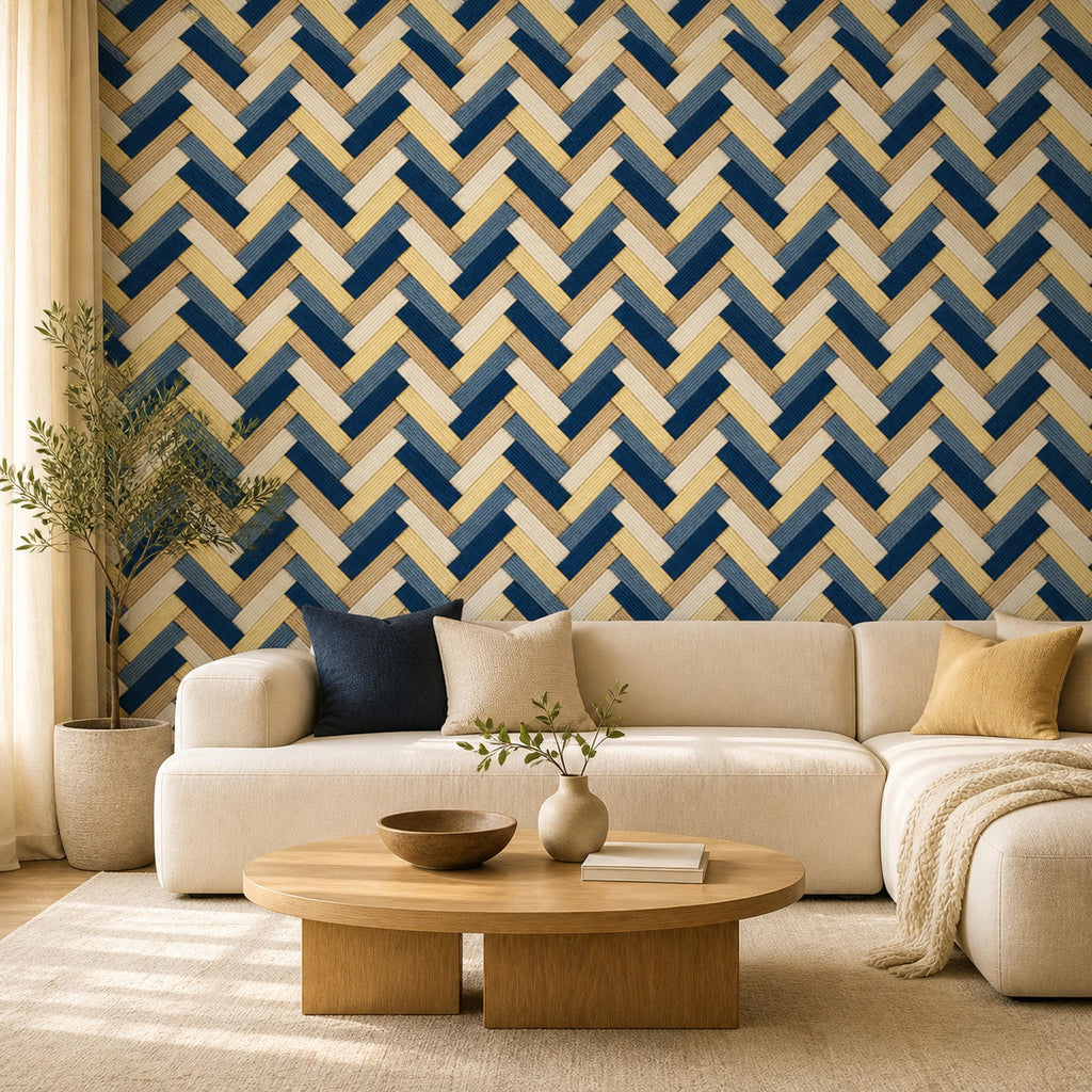Navy herringbone wallpaper in a living room with a cream sectional sofa and round wooden coffee table