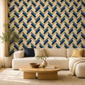 Navy herringbone wallpaper in a living room with a cream sectional sofa and round wooden coffee table