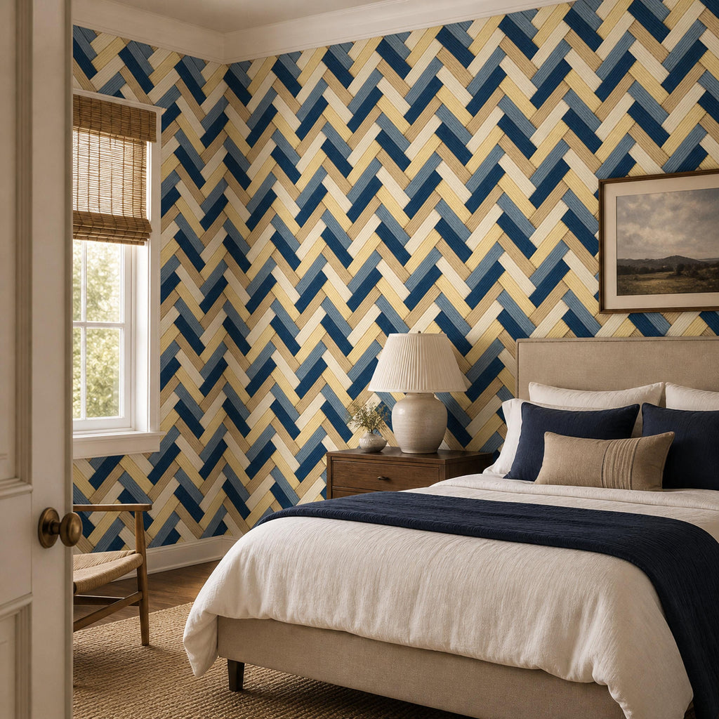 Navy herringbone wallpaper in a bedroom with a window, framed landscape print and navy bedding