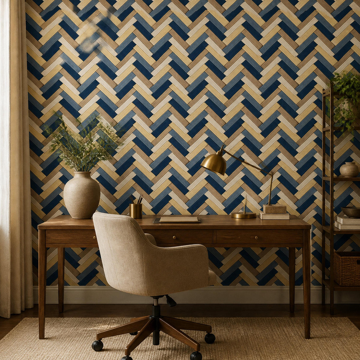 Navy herringbone wallpaper in a study with a wooden writing desk, cream office chair and brass lamp