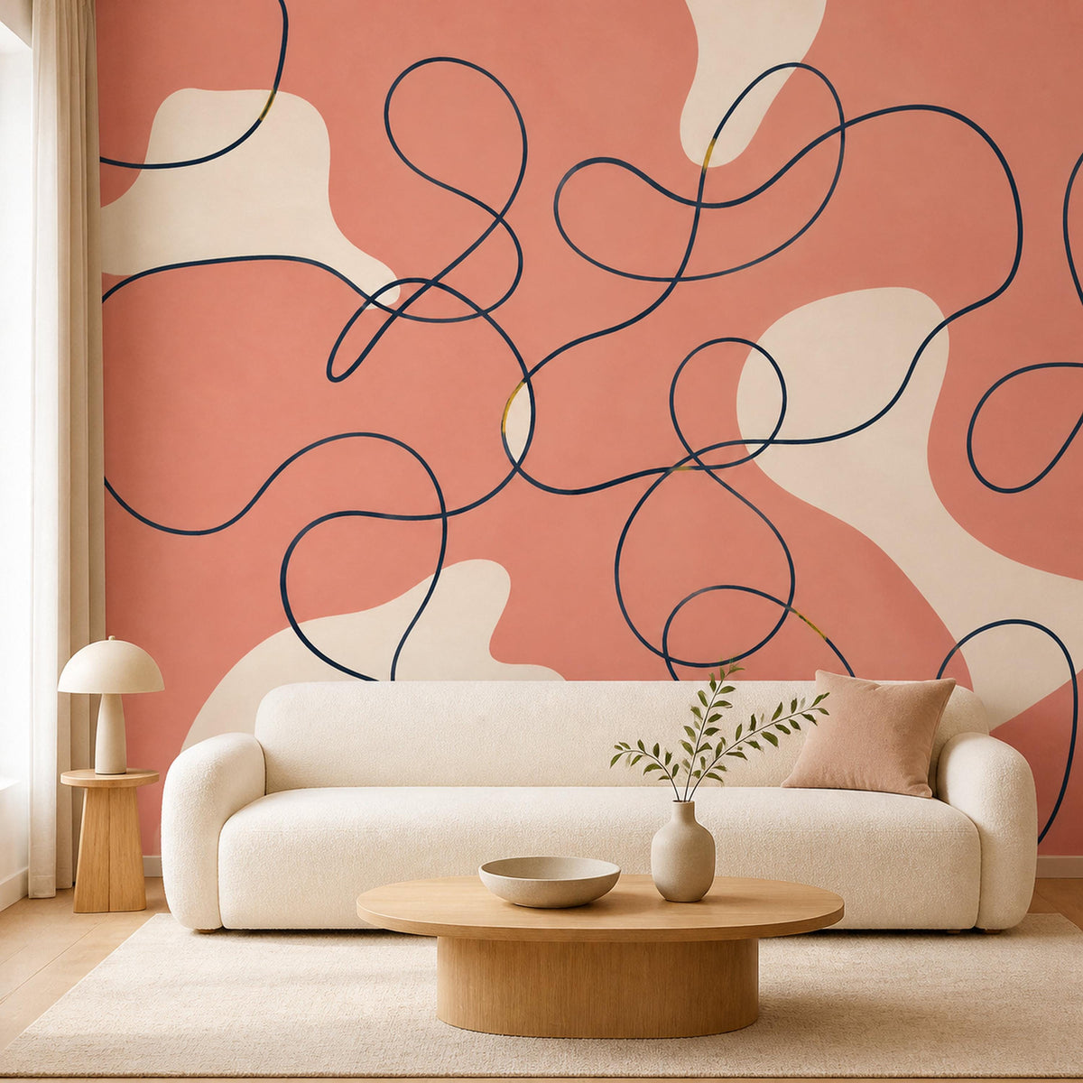 Close-up of coral and navy continuous line art wallpaper mural showing fluid ribbon pattern detail