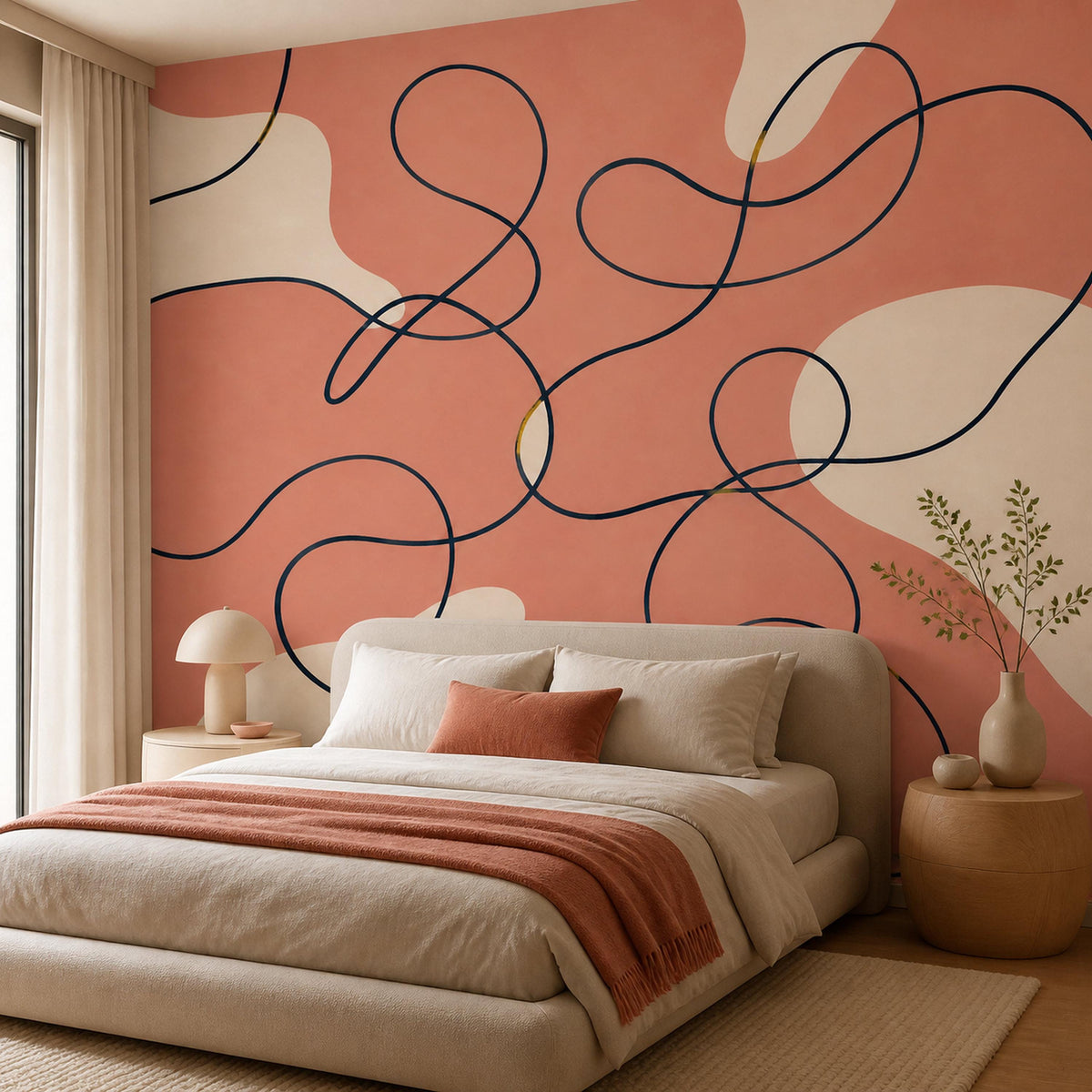 Modern peel and stick coral line art mural installed in a bright minimalist living room