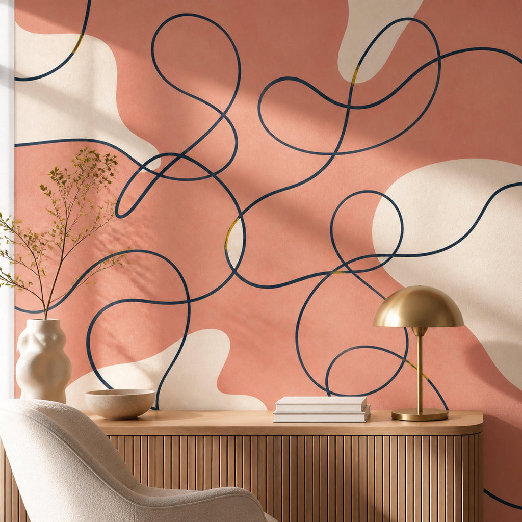 Abstract coral line wallpaper mural adding modern decor to a chic fashion boutique interior