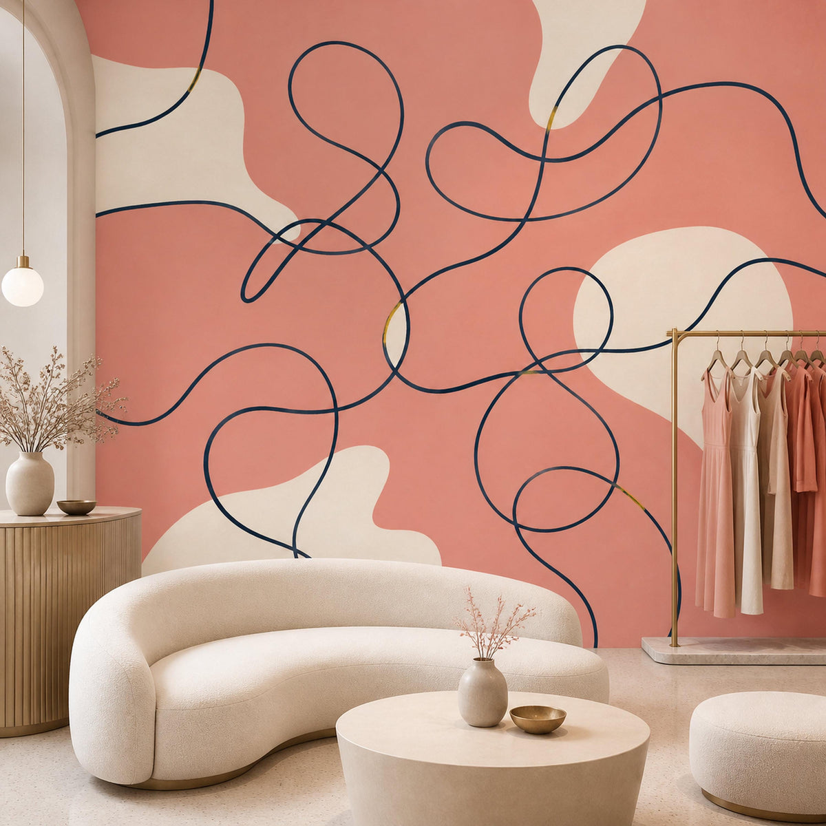 Full wall view of navy and coral continuous line art mural in a stylish gallery wall setting
