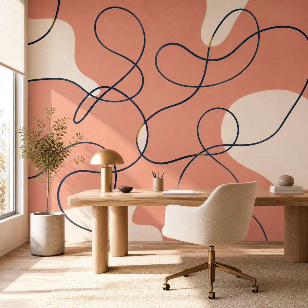 Minimalist navy ribbon line art wallpaper mural installed floor to ceiling in a modern home office