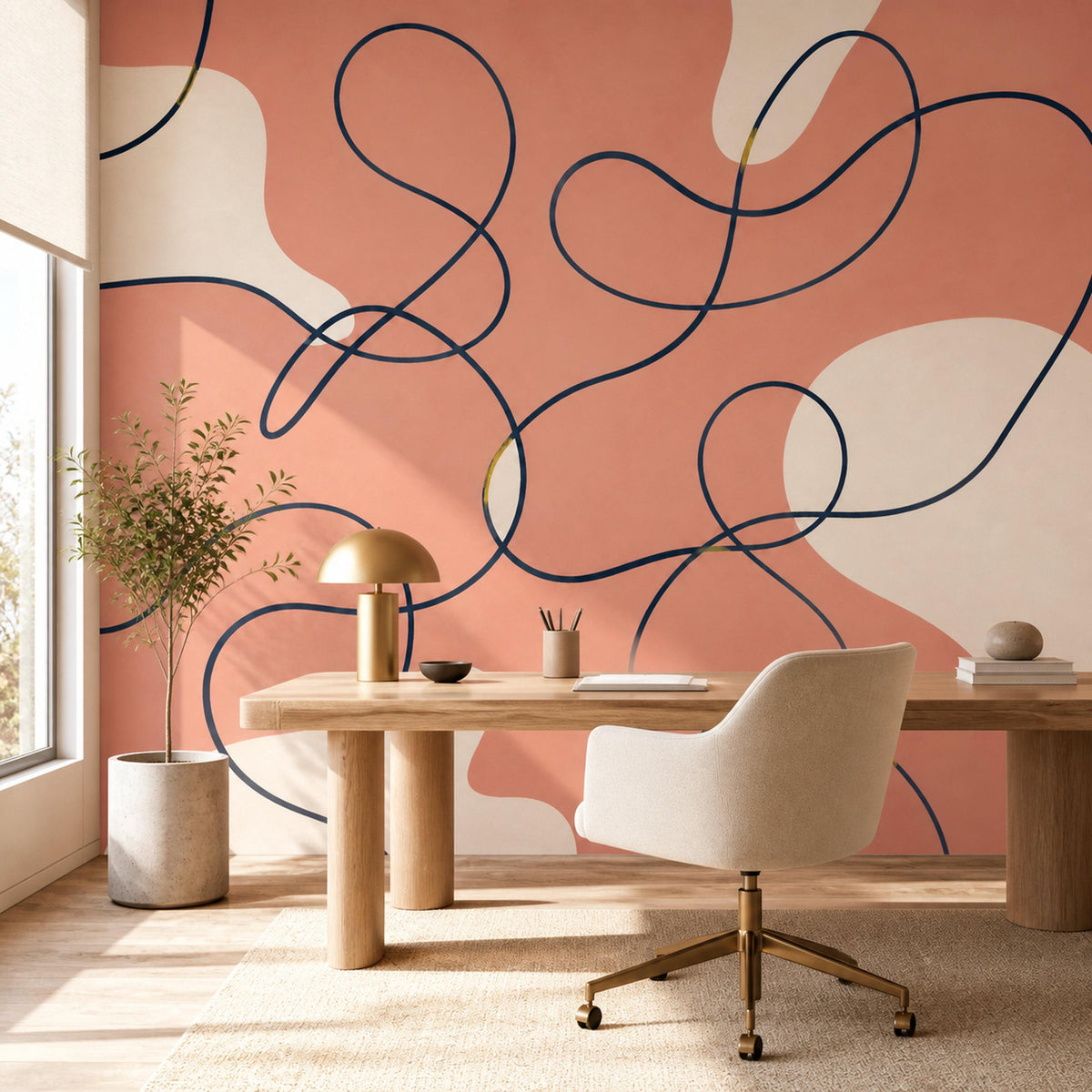 Minimalist navy ribbon line art wallpaper mural installed floor to ceiling in a modern home office