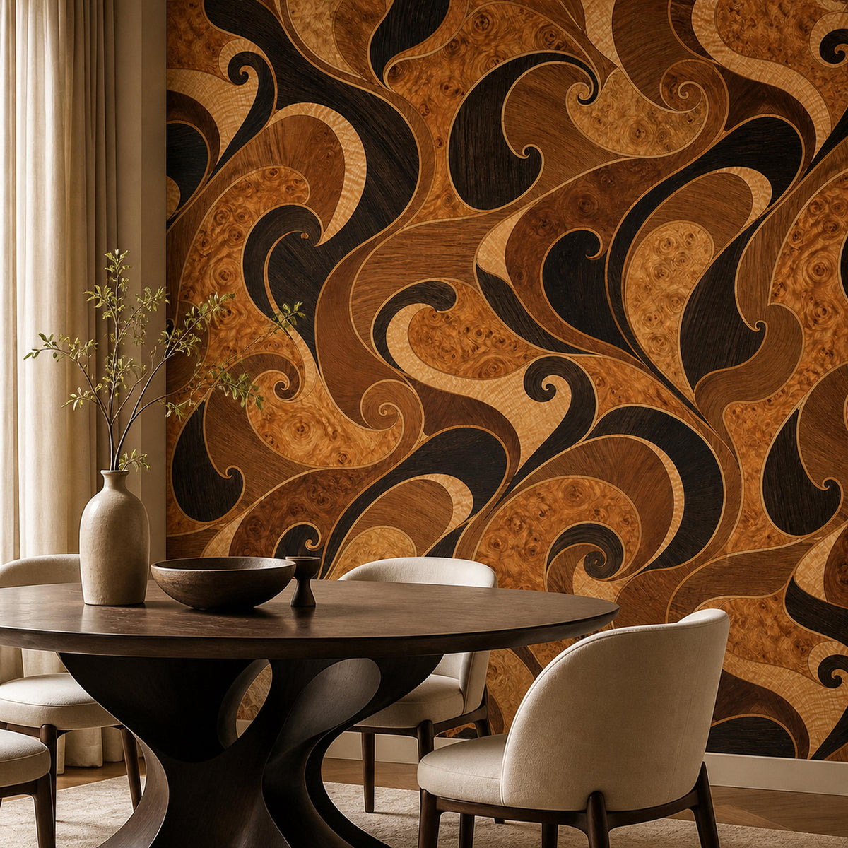 Burl wood marquetry wallpaper in a dining room with a round pedestal table and cream chairs
