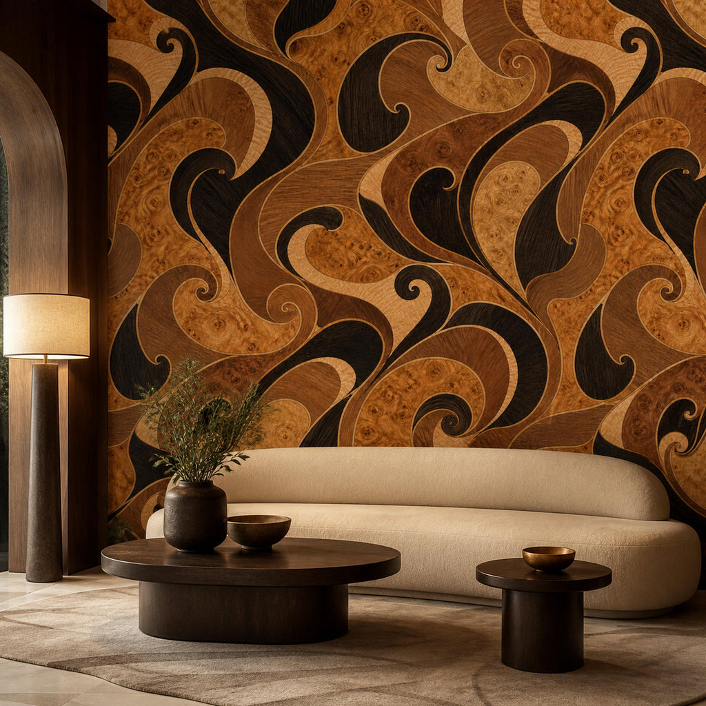 Burl wood marquetry wallpaper in a living room with a curved cream sofa and low wooden coffee table